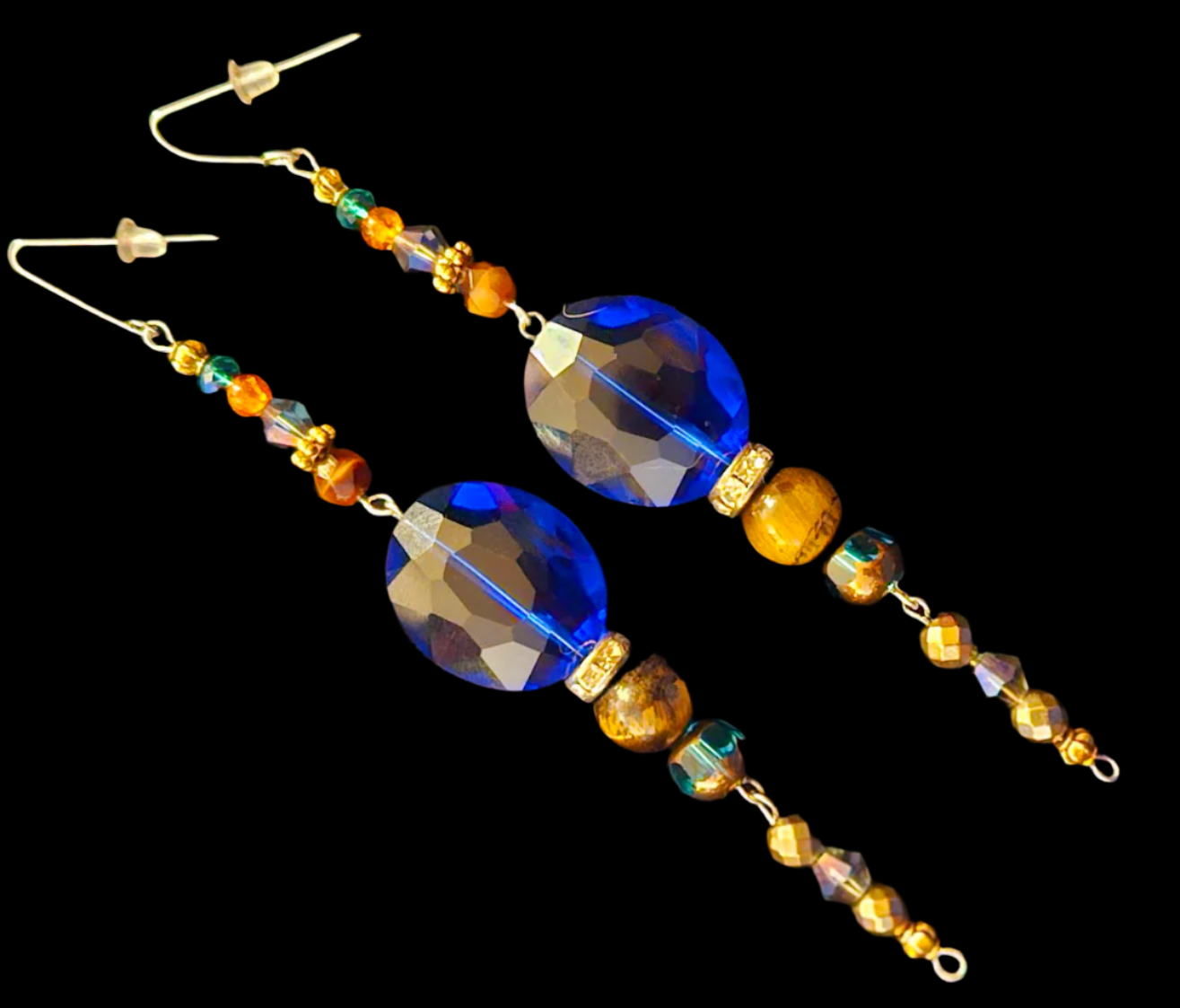 Blue and Brown Crystal Long Pierced Earrings - Lightweight Black Tie Holiday Glam Shoulder Dusters - Kat Kouture Jewelry