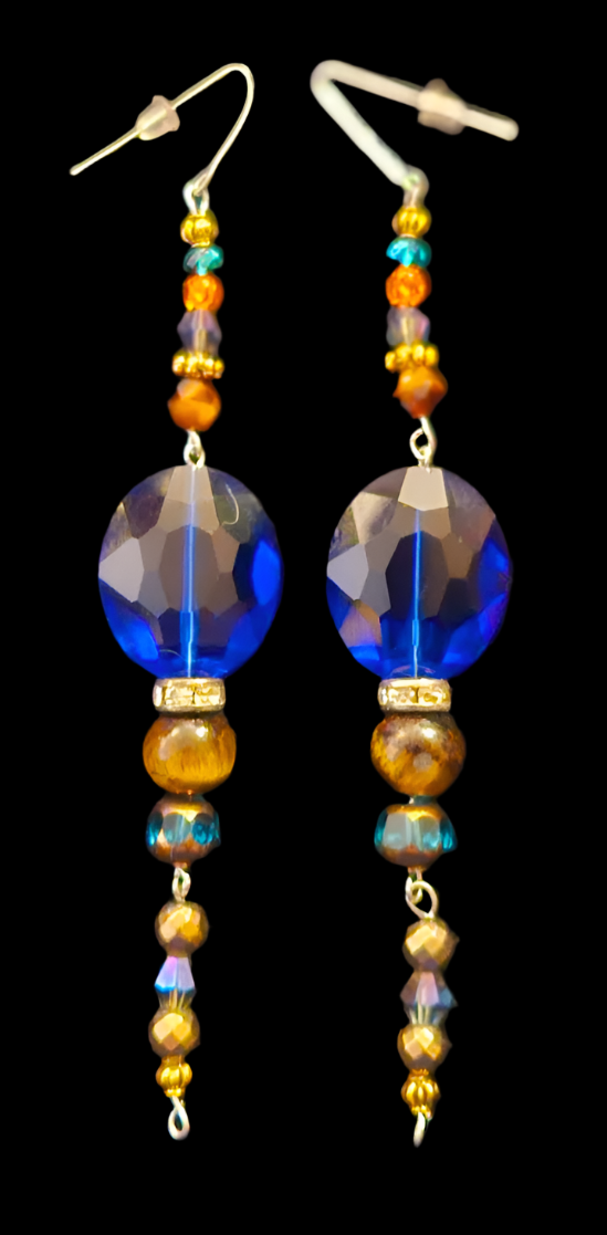 Blue and Brown Crystal Long Pierced Earrings - Lightweight Black Tie Holiday Glam Shoulder Dusters - Kat Kouture Jewelry