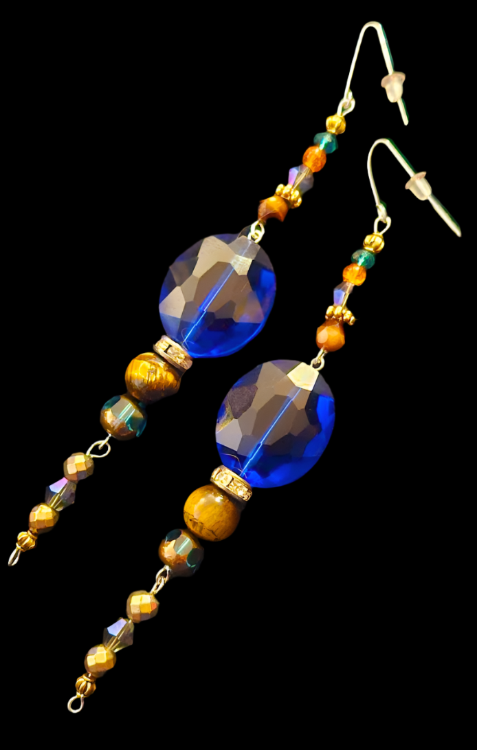 Blue and Brown Crystal Long Pierced Earrings - Lightweight Black Tie Holiday Glam Shoulder Dusters - Kat Kouture Jewelry