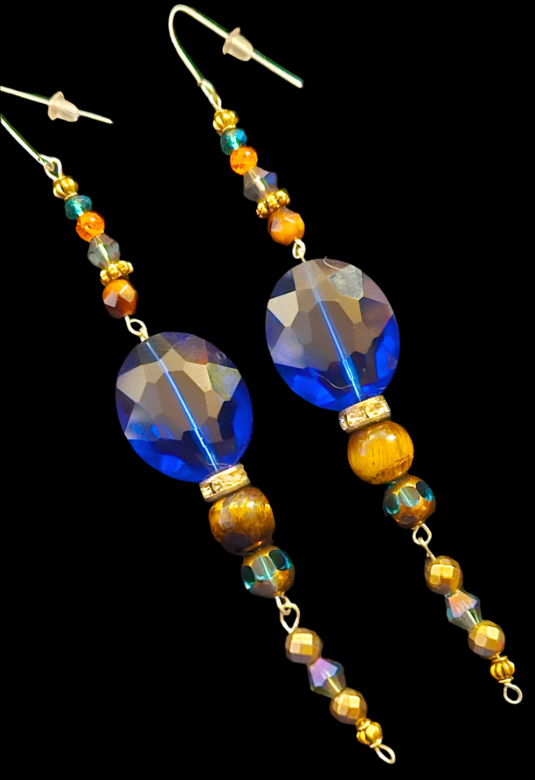 Blue and Brown Crystal Long Pierced Earrings - Lightweight Black Tie Holiday Glam Shoulder Dusters - Kat Kouture Jewelry