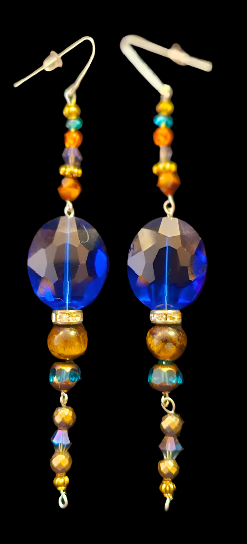 Blue and Brown Crystal Long Pierced Earrings - Lightweight Black Tie Holiday Glam Shoulder Dusters - Kat Kouture Jewelry