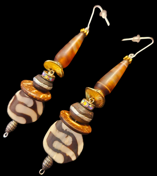 Earthy Agate Wood & Bone Beaded Dangle Pierced Earrings - Autumn Mixed Media Ear Candy - Exotic and Wild Long Ear Candy - Kat Kouture Jewelry