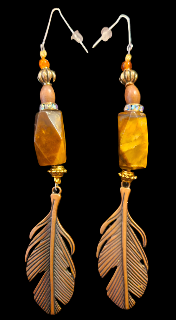 Brown and Copper Mixed Media Shoulder Dusters - Copper Leaf & Tigers Eye Beaded Extra Long Ear Candy - Kat Kouture Jewelry