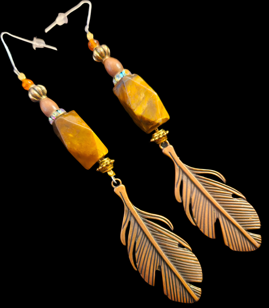 Brown and Copper Mixed Media Shoulder Dusters - Copper Leaf & Tigers Eye Beaded Extra Long Ear Candy - Kat Kouture Jewelry