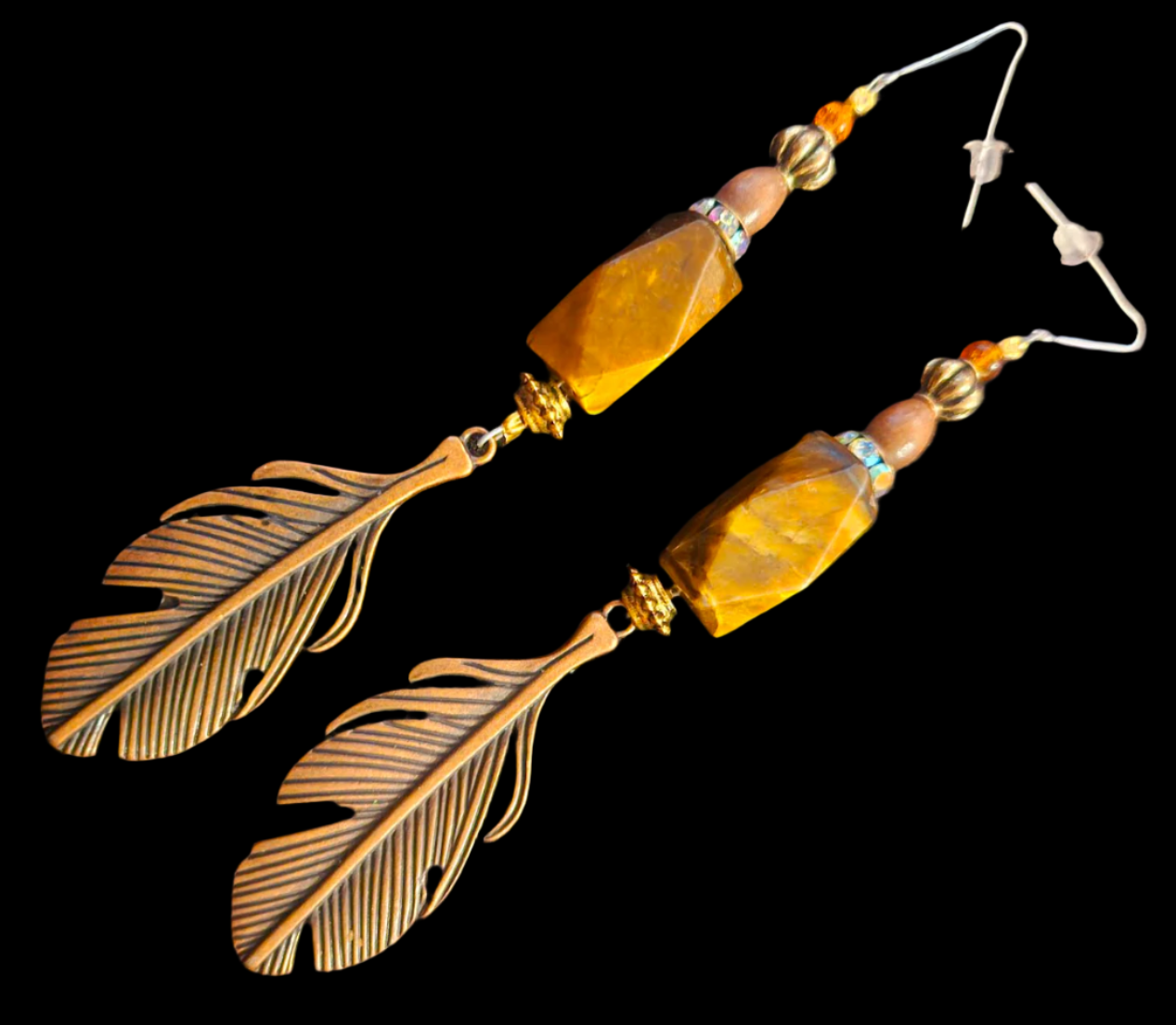 Brown and Copper Mixed Media Shoulder Dusters - Copper Leaf & Tigers Eye Beaded Extra Long Ear Candy - Kat Kouture Jewelry