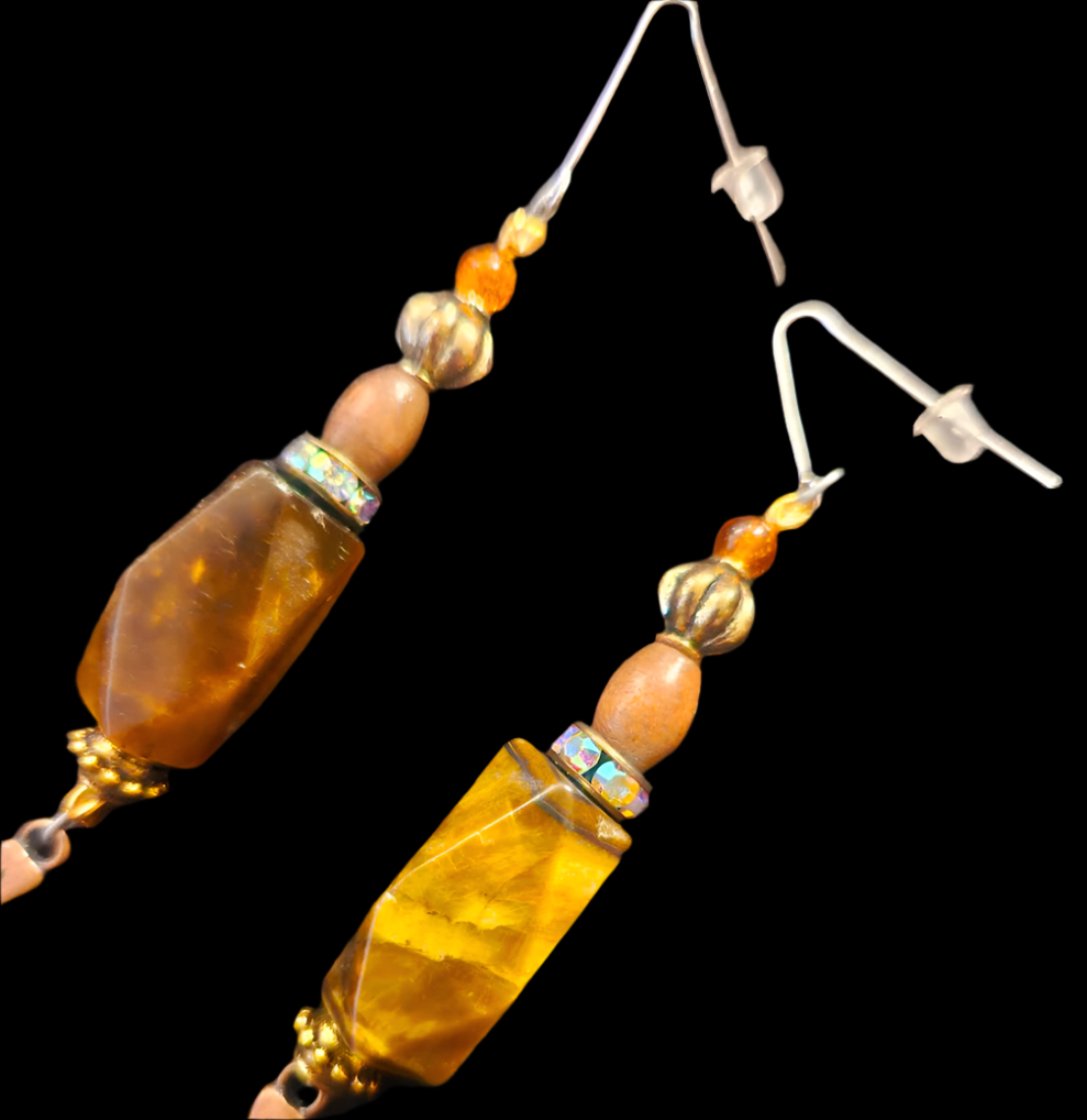 Brown and Copper Mixed Media Shoulder Dusters - Copper Leaf & Tigers Eye Beaded Extra Long Ear Candy - Kat Kouture Jewelry