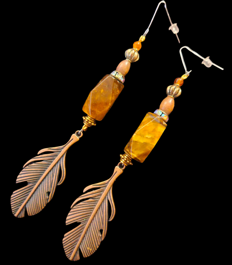 Brown and Copper Mixed Media Shoulder Dusters - Copper Leaf & Tigers Eye Beaded Extra Long Ear Candy - Kat Kouture Jewelry