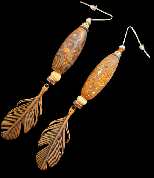 Exotic Tribal Dzi Bead Shoulder Dusters - Copper Leaf Extra Long Pierced Earrings for Fall - Warm Tone Ear Candy for Women of Color - Kat Kouture Jewelry