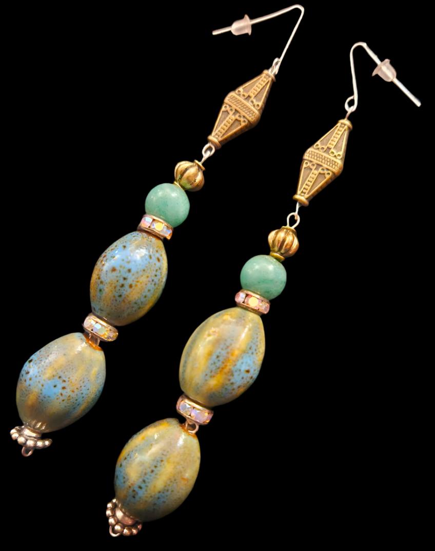 Olivine Blue Green & Yellow Porcelain Beaded Shoulder Dusters - Exotic Extra Long Pierced Earrings - Kat Kouture Jewelry