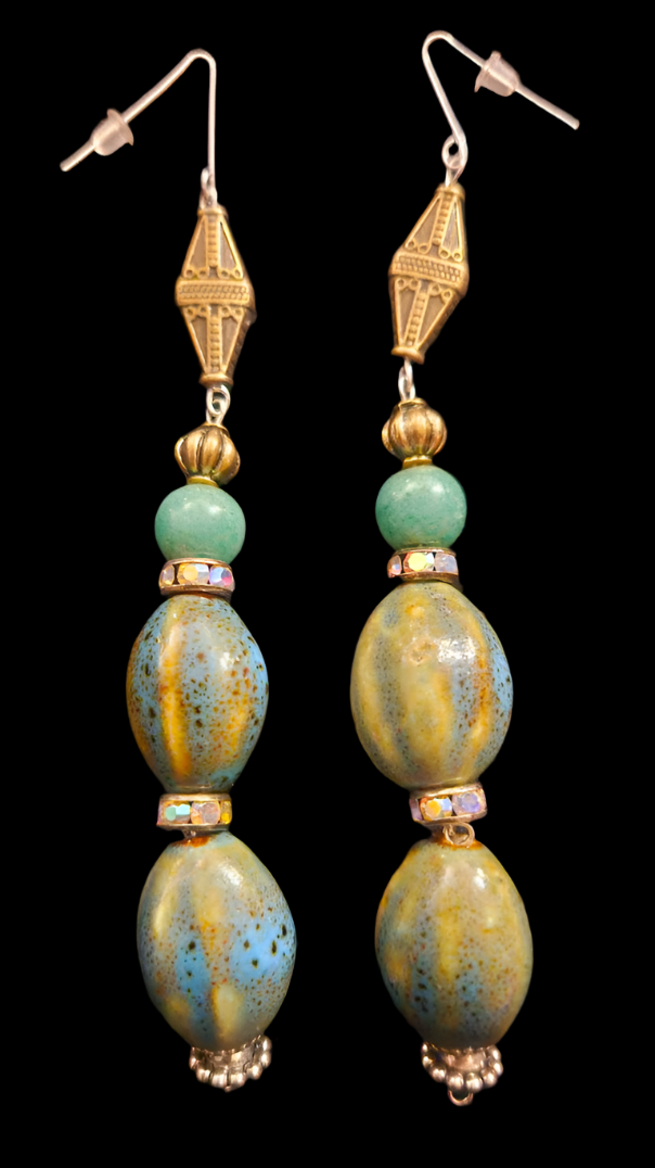 Olivine Blue Green & Yellow Porcelain Beaded Shoulder Dusters - Exotic Extra Long Pierced Earrings - Kat Kouture Jewelry