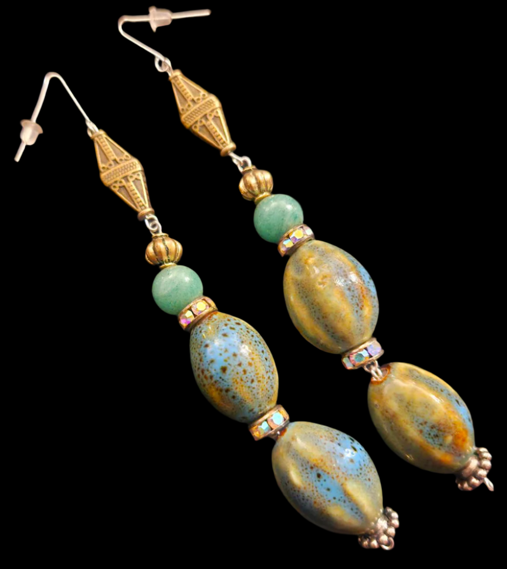 Olivine Blue Green & Yellow Porcelain Beaded Shoulder Dusters - Exotic Extra Long Pierced Earrings - Kat Kouture Jewelry