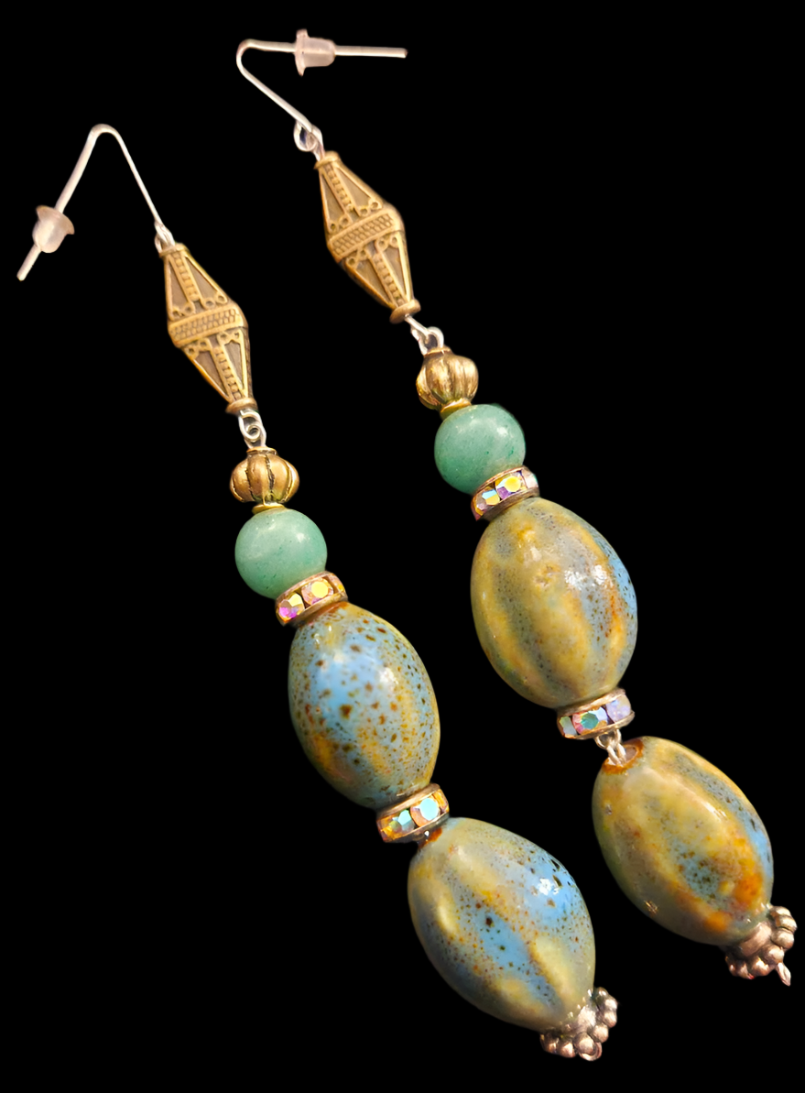 Olivine Blue Green & Yellow Porcelain Beaded Shoulder Dusters - Exotic Extra Long Pierced Earrings - Kat Kouture Jewelry