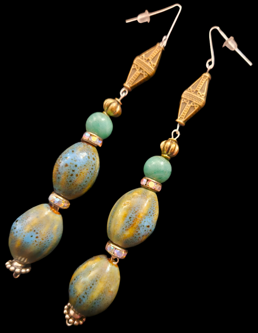 Olivine Blue Green & Yellow Porcelain Beaded Shoulder Dusters - Exotic Extra Long Pierced Earrings - Kat Kouture Jewelry