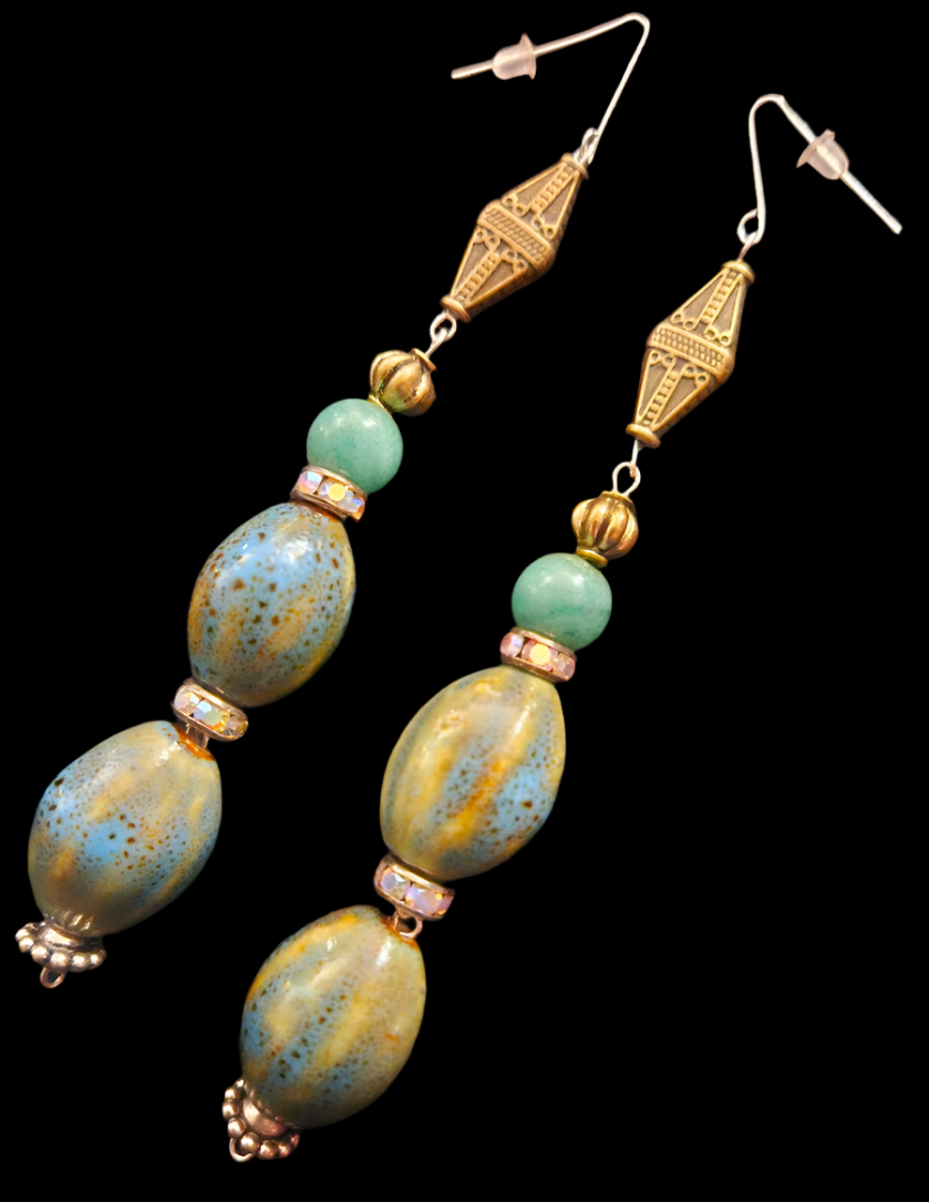 Olivine Blue Green & Yellow Porcelain Beaded Shoulder Dusters - Exotic Extra Long Pierced Earrings - Kat Kouture Jewelry