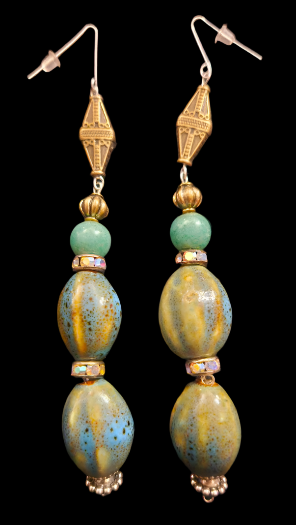 Olivine Blue Green & Yellow Porcelain Beaded Shoulder Dusters - Exotic Extra Long Pierced Earrings - Kat Kouture Jewelry