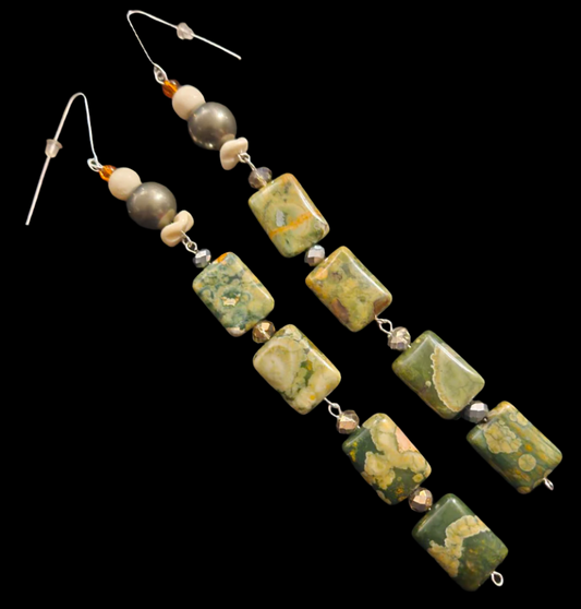 Rhyolite Gemstone Beaded Shoulder Dusters - Rainforest Jasper Extra Long Pierced Earrings - Exotic Autumn Ear Candy - Kat Kouture Jewelry