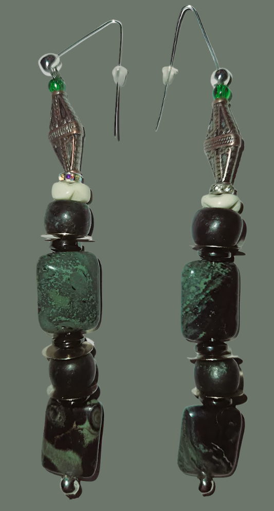 Kambaba Jasper Beaded Dangle Pierced Earrings - Crocodile Eye Shoulder Dusters - Green and Black Gemstone Exotic Ear Candy - Kat Kouture Jewelry