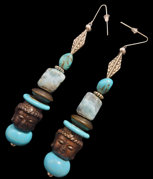 Blue & Brown Buddha Beaded Dangle Pierced Earrings - Casual Long Tibetan Ear Candy - Kat Kouture Jewelry