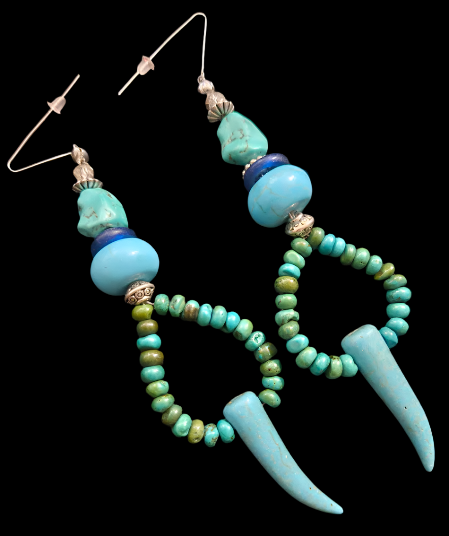 Blue Gemstone Tusk Shoulder Dusters - Turquoise & Howlite Beaded Tribal Hoop Pierced Earrings - Boho Couture Blue Green Ear Candy - Kat Kouture Jewelry