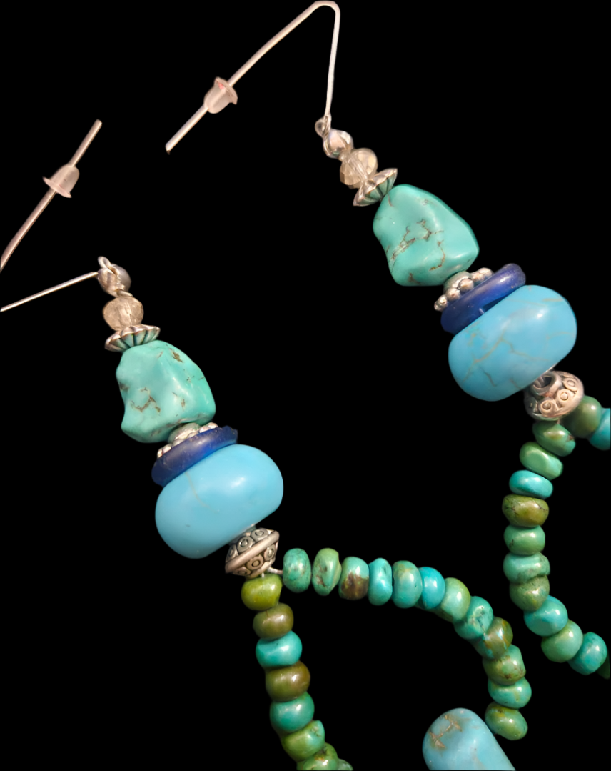 Blue Gemstone Tusk Shoulder Dusters - Turquoise & Howlite Beaded Tribal Hoop Pierced Earrings - Boho Couture Blue Green Ear Candy - Kat Kouture Jewelry