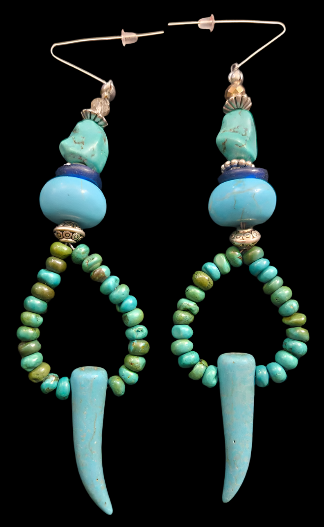 Blue Gemstone Tusk Shoulder Dusters - Turquoise & Howlite Beaded Tribal Hoop Pierced Earrings - Boho Couture Blue Green Ear Candy - Kat Kouture Jewelry