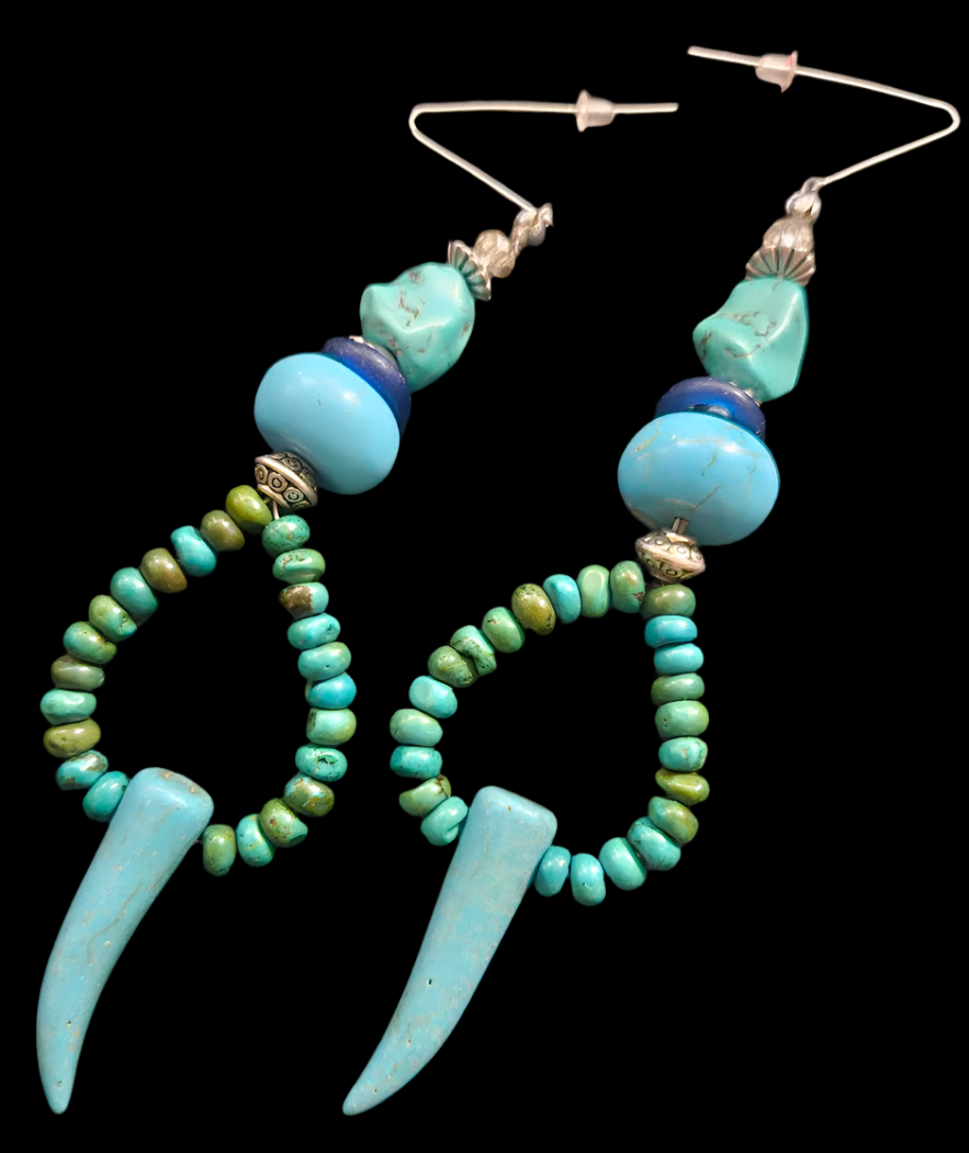 Blue Gemstone Tusk Shoulder Dusters - Turquoise & Howlite Beaded Tribal Hoop Pierced Earrings - Boho Couture Blue Green Ear Candy - Kat Kouture Jewelry