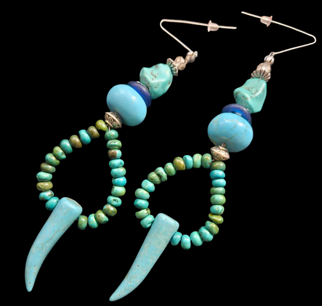 Blue Gemstone Tusk Shoulder Dusters - Turquoise & Howlite Beaded Tribal Hoop Pierced Earrings - Boho Couture Blue Green Ear Candy - Kat Kouture Jewelry