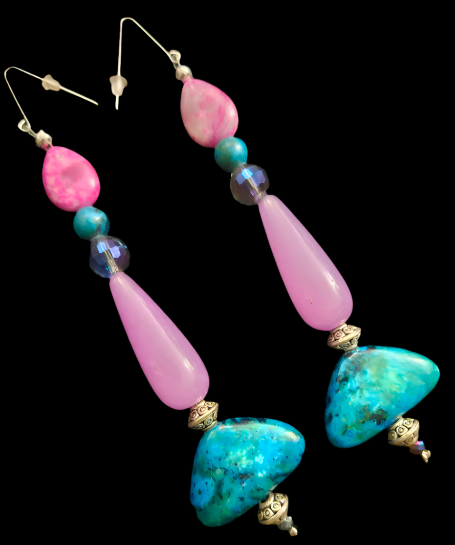 Art Deco Styled Super Long Pierced Earrings - Jewel Tone Gemstone Shoulder Dusters - Showstopper Ear Candy - Kat Kouture Jewelry