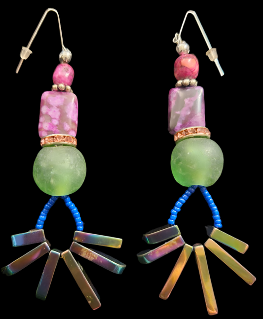 Colorful Mixed Media Long Pierced Earrings - Spiky Titanium Quartz Beaded Long Shoulder Dusters - Kat Kouture Jewelry