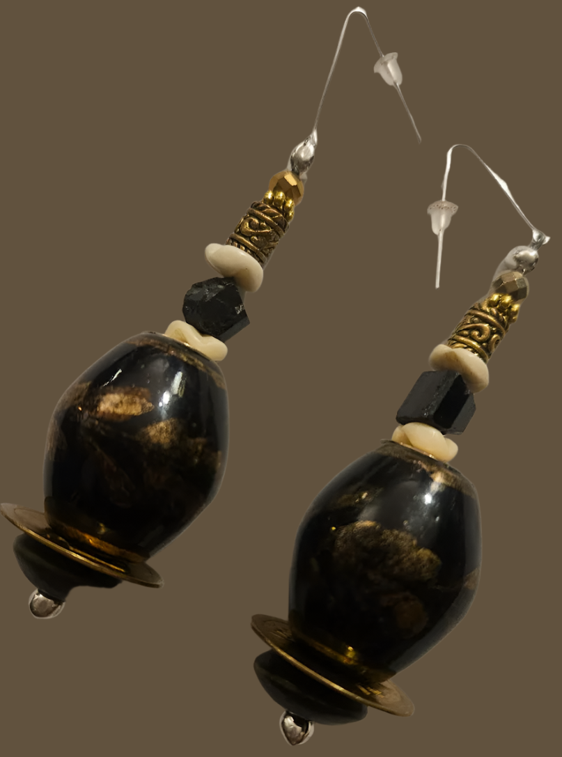 Black Brown & Gold Oversized Porcelain Beaded Dangles - Rich and Posh Bold Chunky Pierced Earrings - Dramatic Socialite Ear Candy - Kat Kouture Jewelry