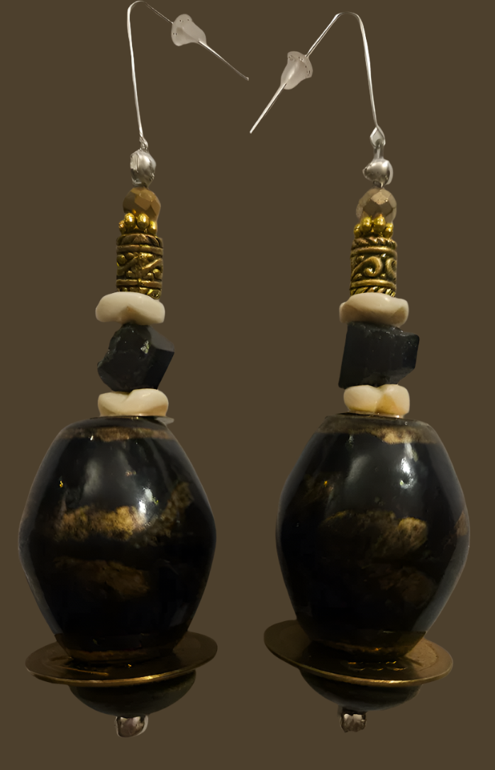 Black Brown & Gold Oversized Porcelain Beaded Dangles - Rich and Posh Bold Chunky Pierced Earrings - Dramatic Socialite Ear Candy - Kat Kouture Jewelry