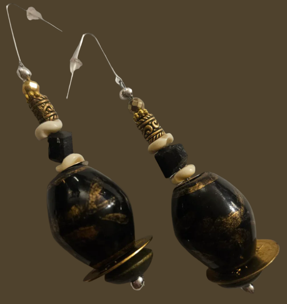 Black Brown & Gold Oversized Porcelain Beaded Dangles - Rich and Posh Bold Chunky Pierced Earrings - Dramatic Socialite Ear Candy - Kat Kouture Jewelry