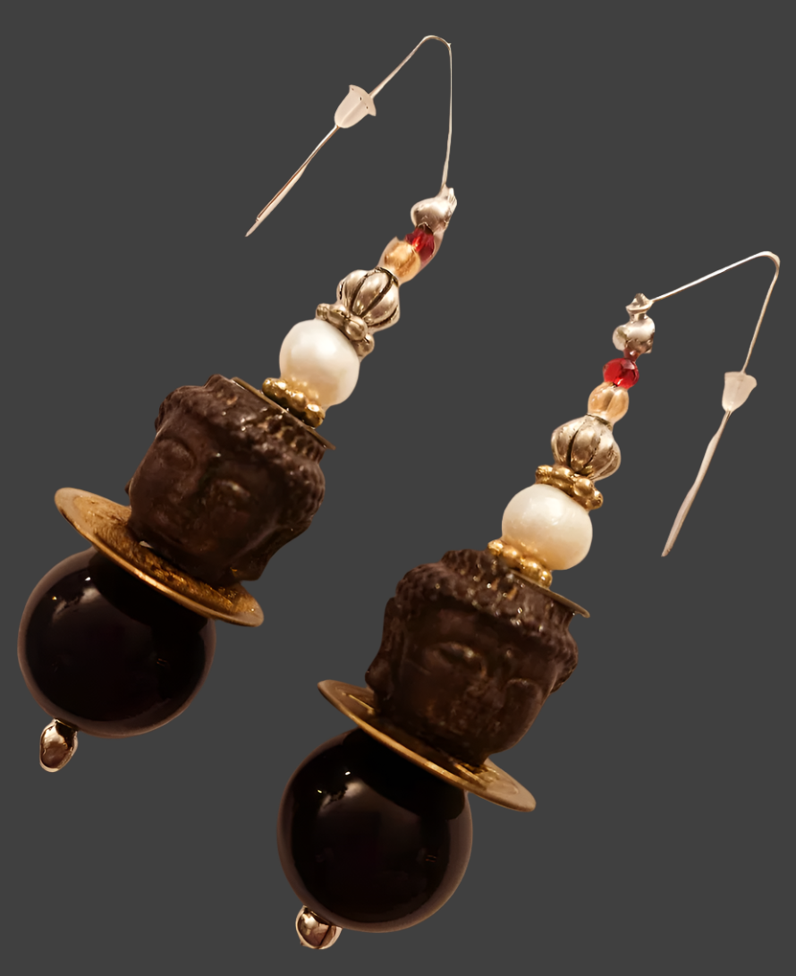 Black & Brown Buddha Head Beaded Dangle Earrings- Tibetan Spiritual Symbol Bold Chunky Pierced Earrings - Kat Kouture Jewelry