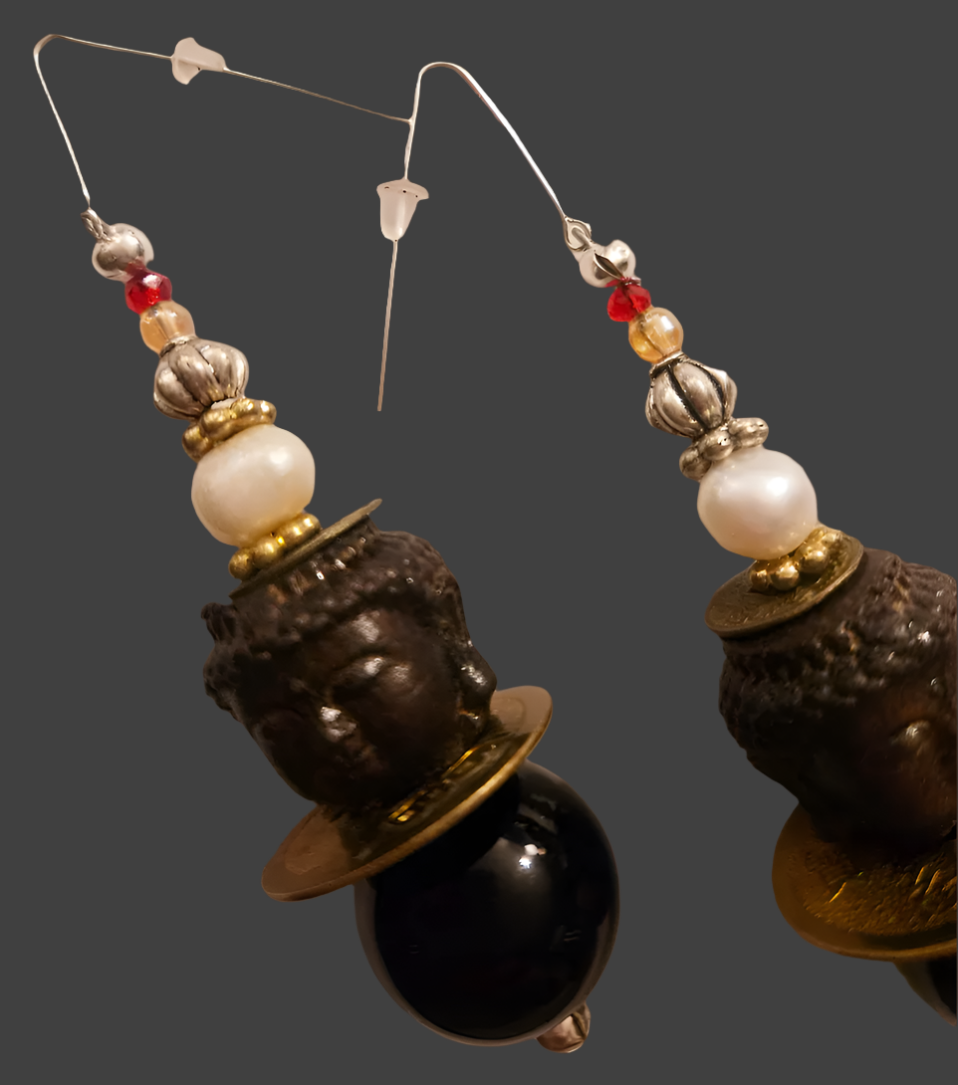 Black & Brown Buddha Head Beaded Dangle Earrings- Tibetan Spiritual Symbol Bold Chunky Pierced Earrings - Kat Kouture Jewelry