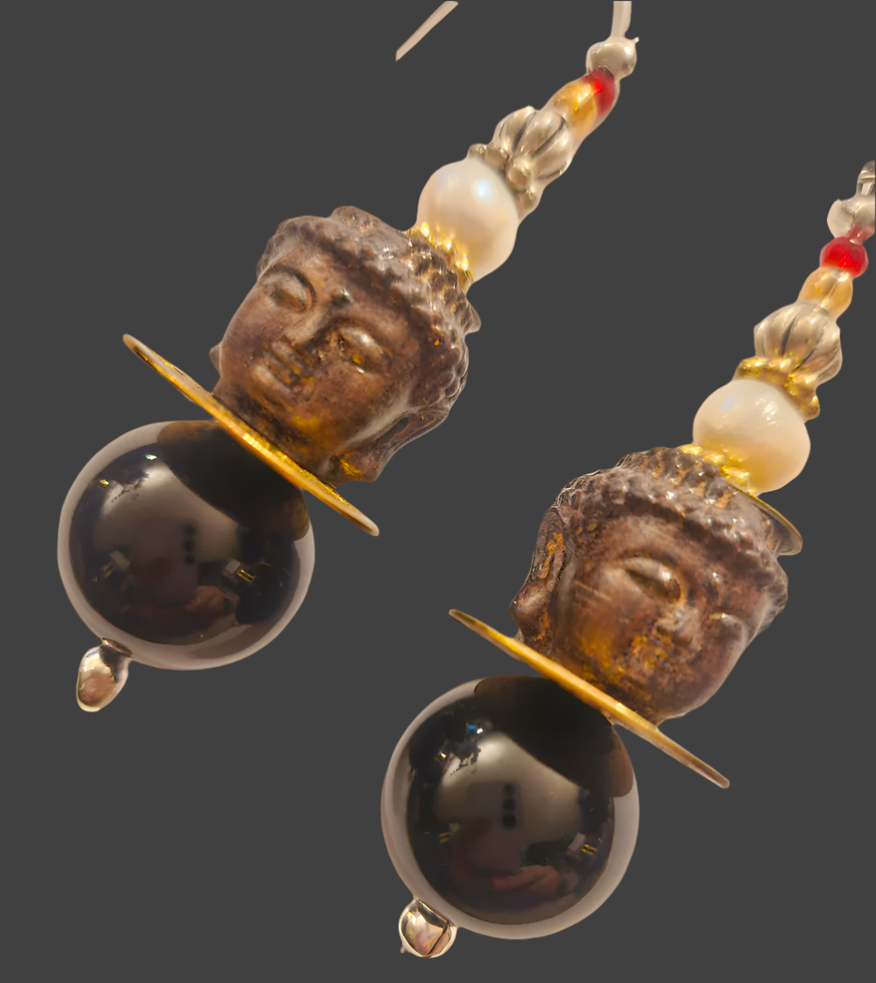 Black & Brown Buddha Head Beaded Dangle Earrings- Tibetan Spiritual Symbol Bold Chunky Pierced Earrings - Kat Kouture Jewelry