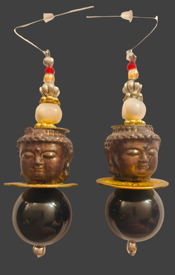 Black & Brown Buddha Head Beaded Dangle Earrings- Tibetan Spiritual Symbol Bold Chunky Pierced Earrings - Kat Kouture Jewelry