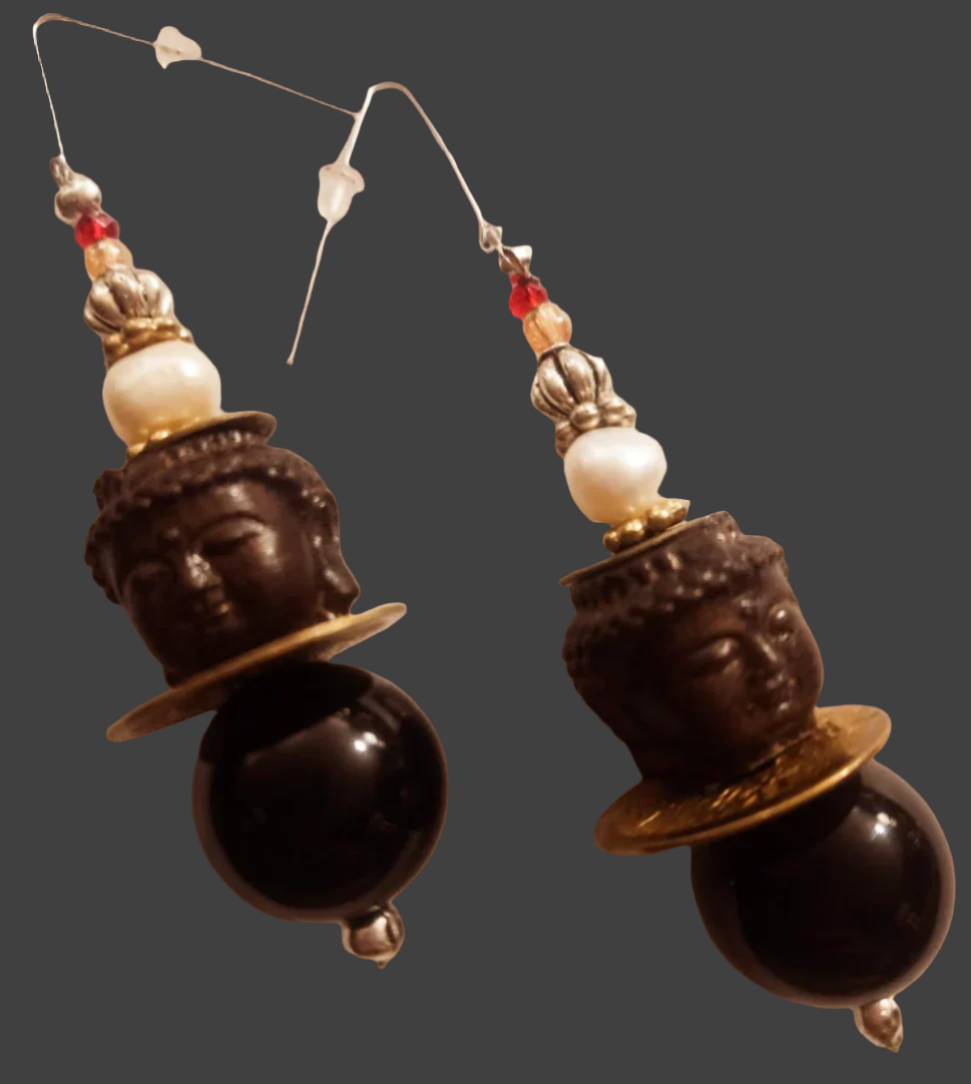 Black & Brown Buddha Head Beaded Dangle Earrings- Tibetan Spiritual Symbol Bold Chunky Pierced Earrings - Kat Kouture Jewelry