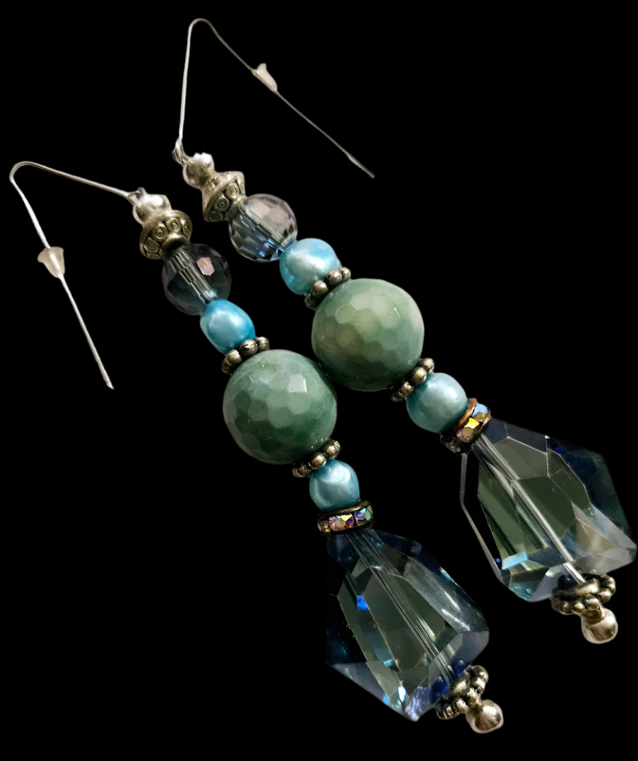 Blue Faceted Glass Pearl & Gemstone Long Pierced Earrings - Holiday Black Tie Shoulder Dusters - Showstopper Ear Candy - Kat Kouture Jewelry