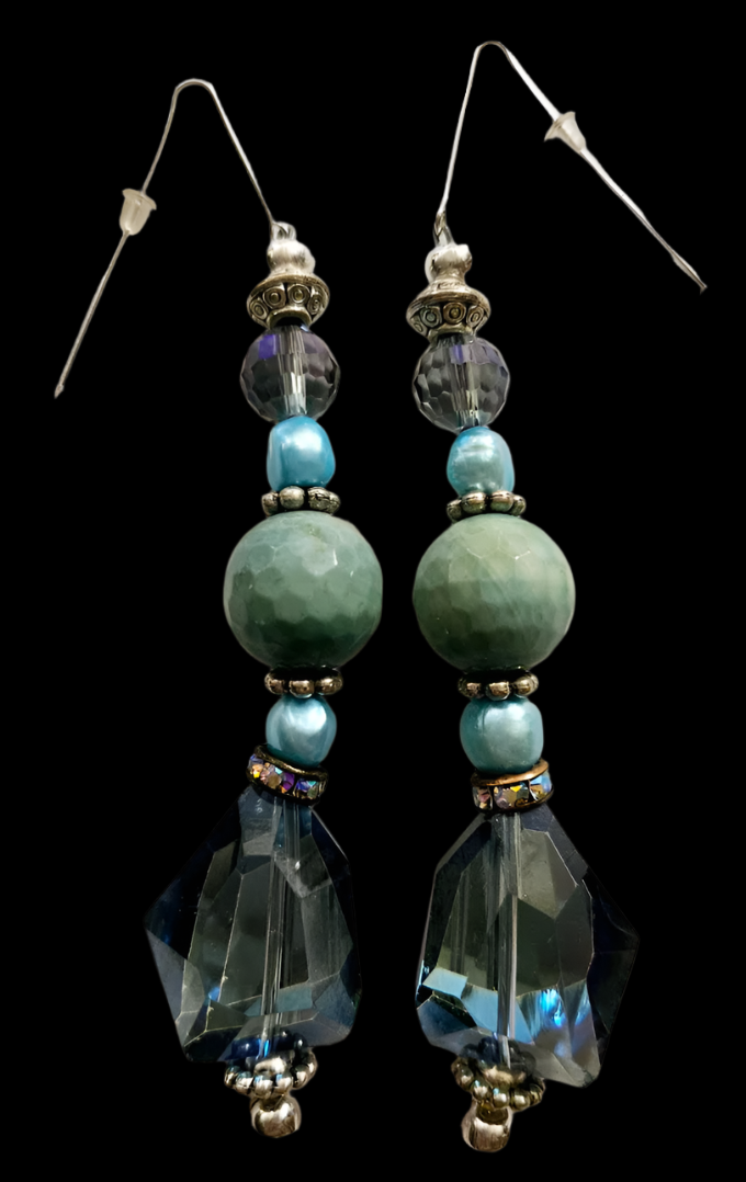 Blue Faceted Glass Pearl & Gemstone Long Pierced Earrings - Holiday Black Tie Shoulder Dusters - Showstopper Ear Candy - Kat Kouture Jewelry