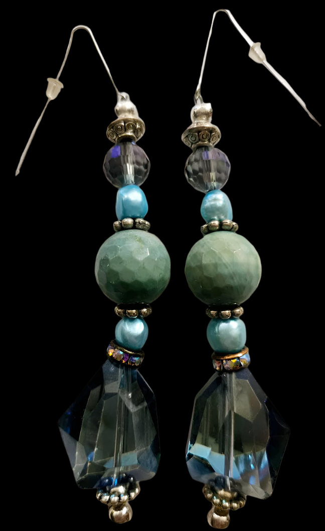 Blue Faceted Glass Pearl & Gemstone Long Pierced Earrings - Holiday Black Tie Shoulder Dusters - Showstopper Ear Candy - Kat Kouture Jewelry