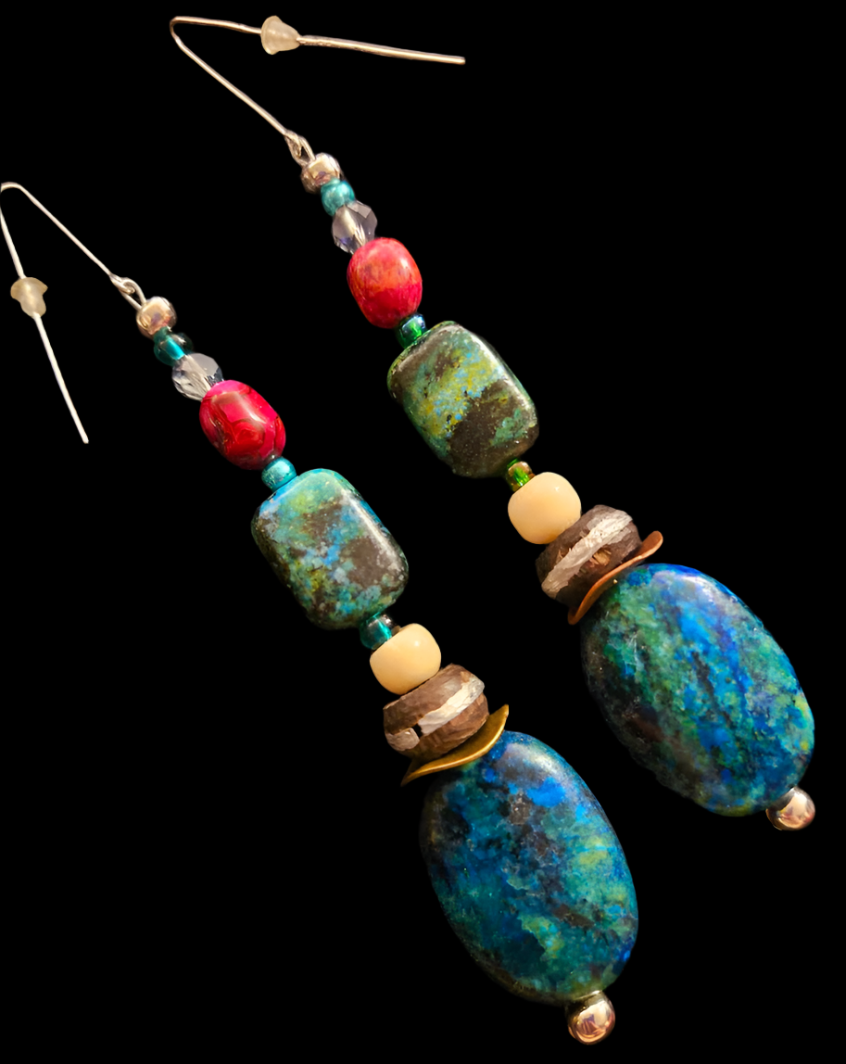 Chrysocolla Beaded Shoulder Dusters - Blue Green Fuchsia Gemstone Dangle Ear Candy - Kat Kouture Jewelry