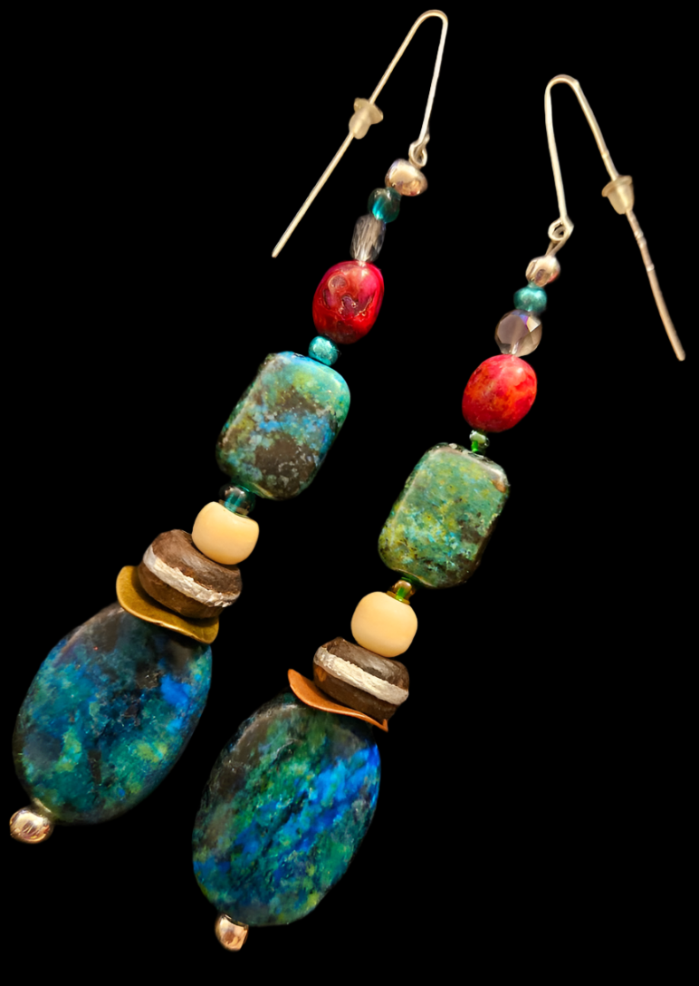 Chrysocolla Beaded Shoulder Dusters - Blue Green Fuchsia Gemstone Dangle Ear Candy - Kat Kouture Jewelry