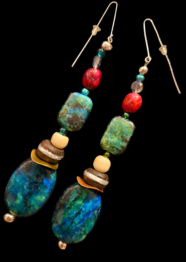 Chrysocolla Beaded Shoulder Dusters - Blue Green Fuchsia Gemstone Dangle Ear Candy - Kat Kouture Jewelry