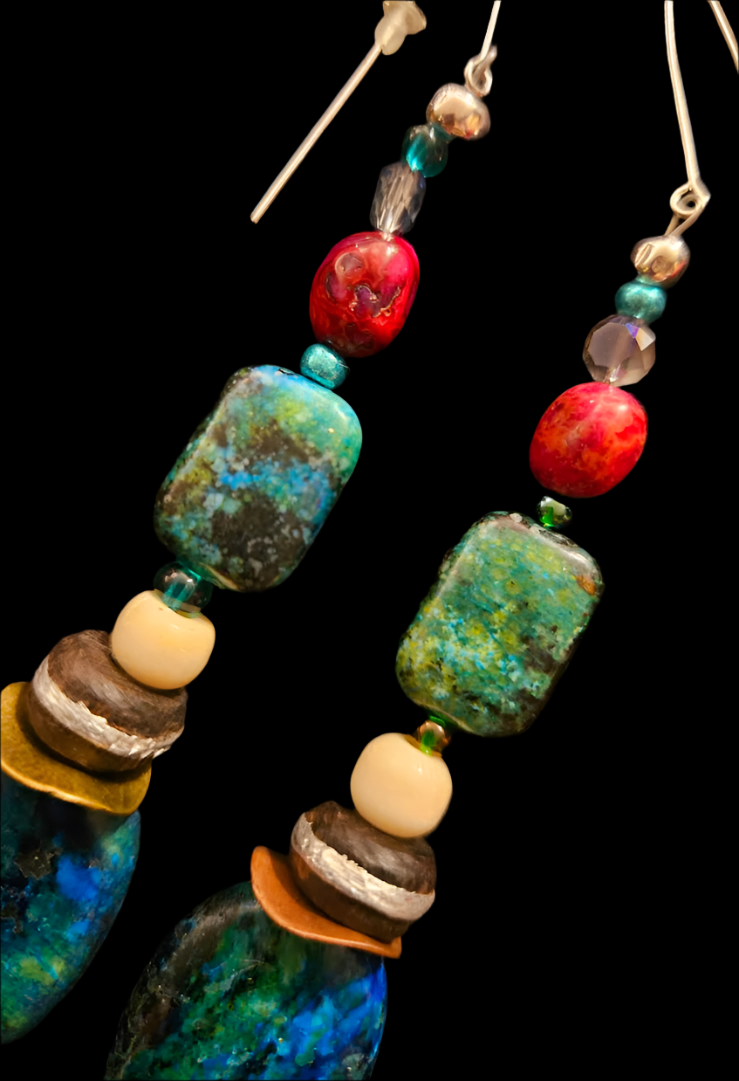 Chrysocolla Beaded Shoulder Dusters - Blue Green Fuchsia Gemstone Dangle Ear Candy - Kat Kouture Jewelry