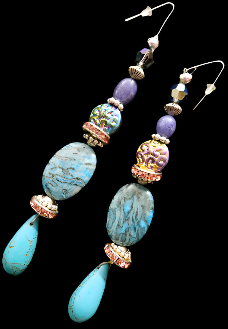 Blue and Purple Gemstone Shoulder Duster Earrings - Jasper Magnesite & Jade Long Pierced Earrings - Kat Kouture Jewelry - Jewel Tone Ear Candy