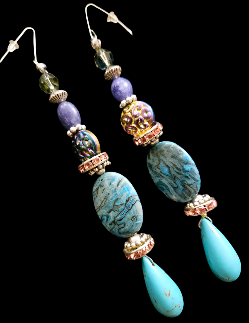 Blue and Purple Gemstone Shoulder Duster Earrings - Jasper Magnesite & Jade Long Pierced Earrings - Kat Kouture Jewelry - Jewel Tone Ear Candy