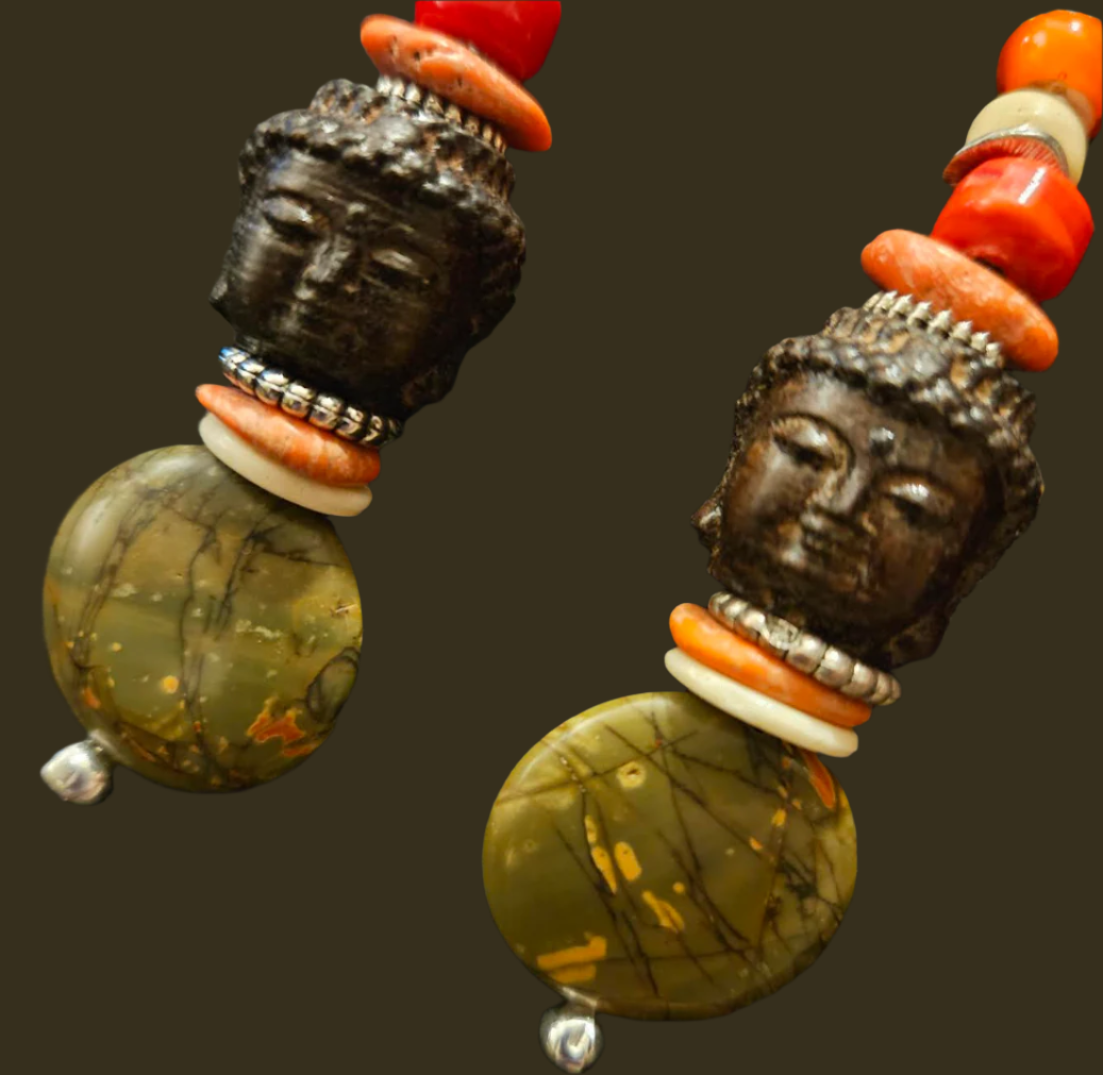 Agarwood Buddha & Jasper Autumn Beaded Dangle Pierced Earrings - Tibetan Shoulder Dusters for Fall - Brown Orange and Olive Ear Candy - Kat Kouture Jewelry