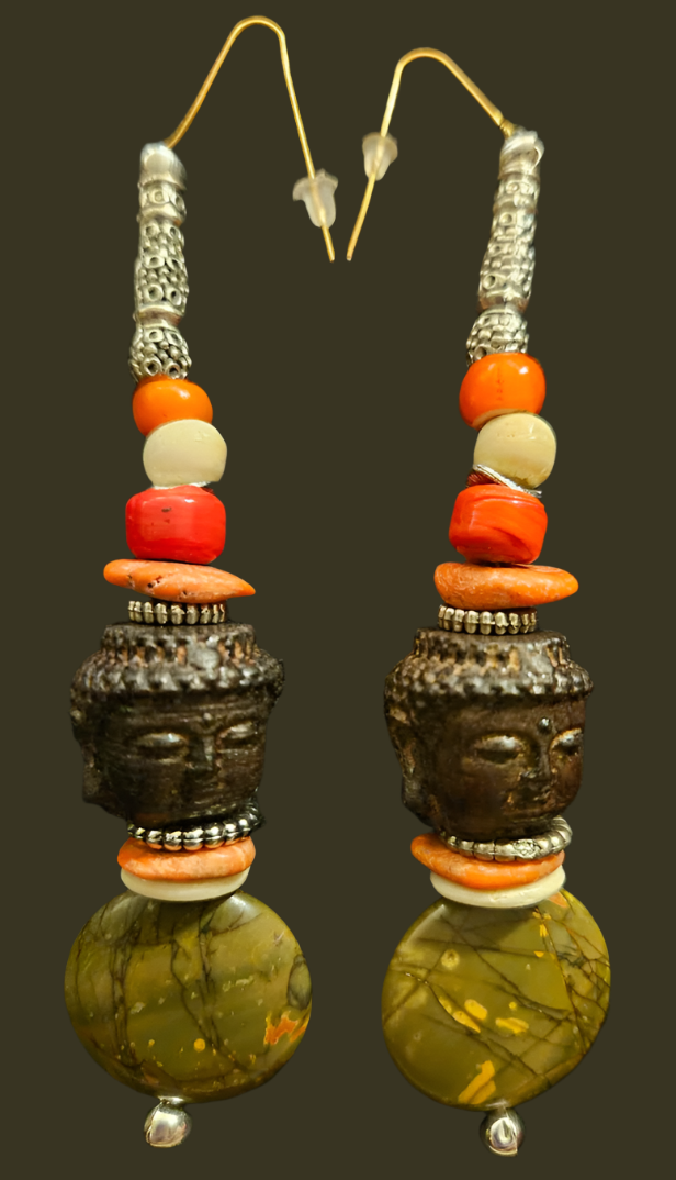 Agarwood Buddha & Jasper Autumn Beaded Dangle Pierced Earrings - Tibetan Shoulder Dusters for Fall - Brown Orange and Olive Ear Candy - Kat Kouture Jewelry