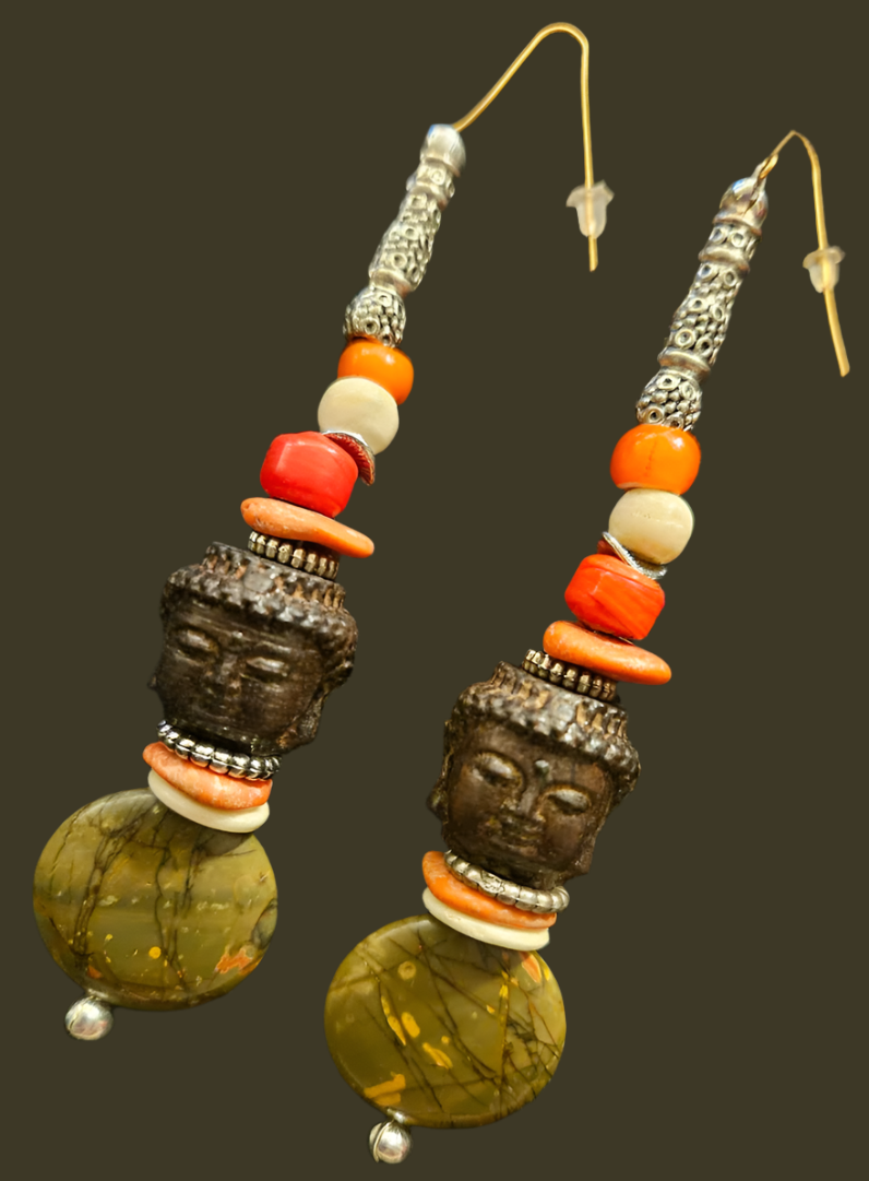 Agarwood Buddha & Jasper Autumn Beaded Dangle Pierced Earrings - Tibetan Shoulder Dusters for Fall - Brown Orange and Olive Ear Candy - Kat Kouture Jewelry