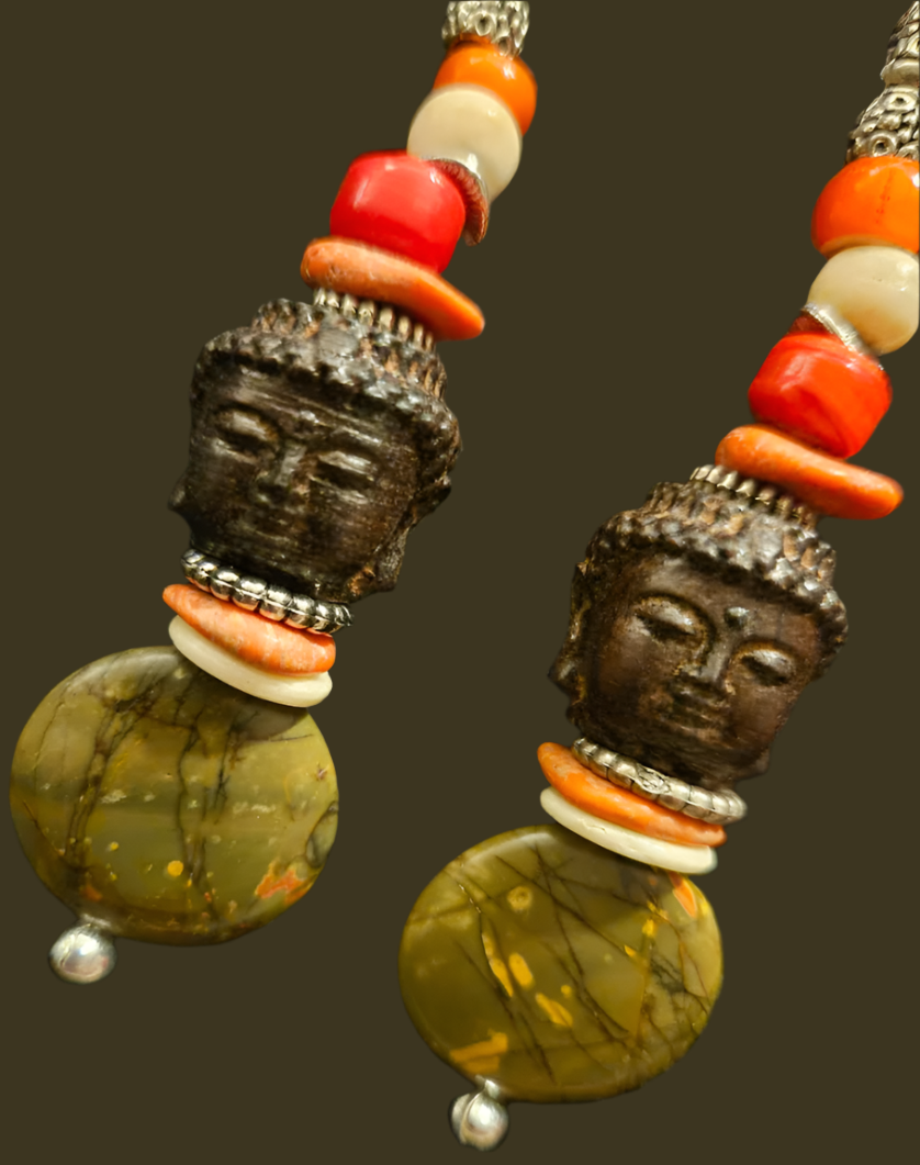 Agarwood Buddha & Jasper Autumn Beaded Dangle Pierced Earrings - Tibetan Shoulder Dusters for Fall - Brown Orange and Olive Ear Candy - Kat Kouture Jewelry